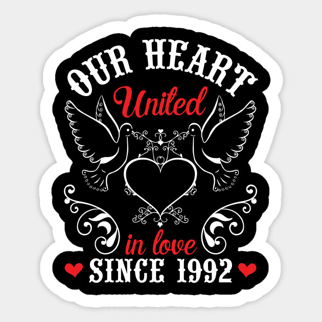 Our Heart United In Love Since 1992 Happy Wedding Married Anniversary 28 Years Husband Wife Sticker by joandraelliot